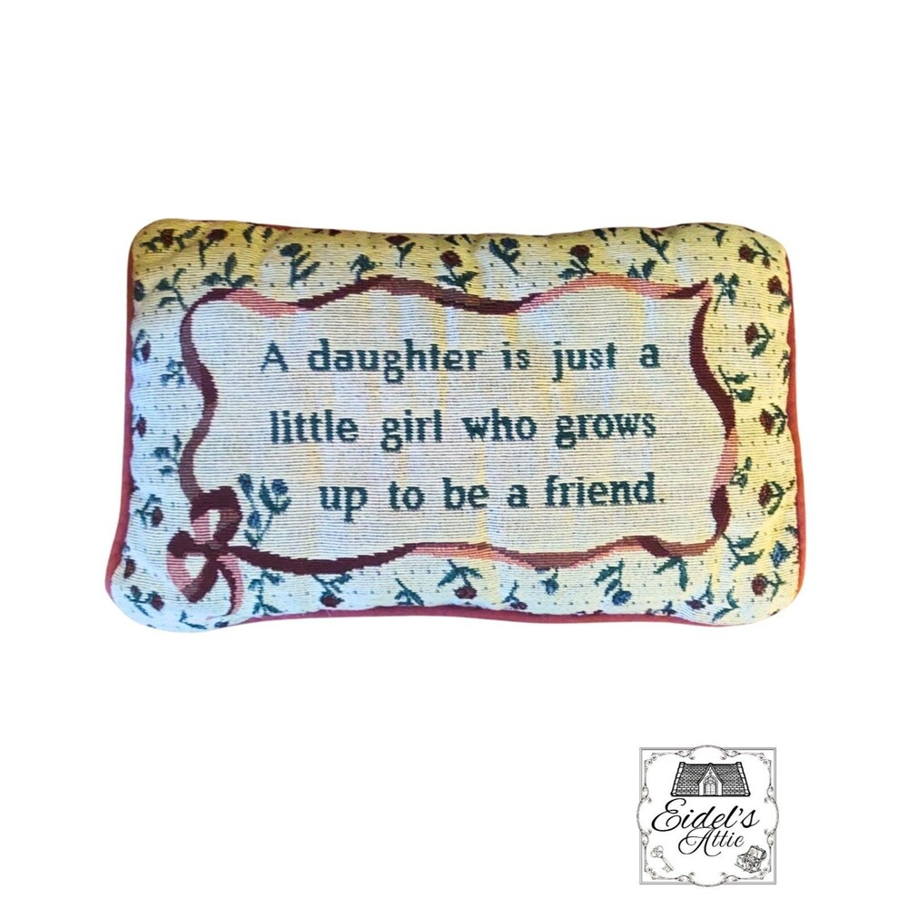 Vintage 1990s Embroidered Floral Tapestry Decorative Pillow Daughter Quote Bow